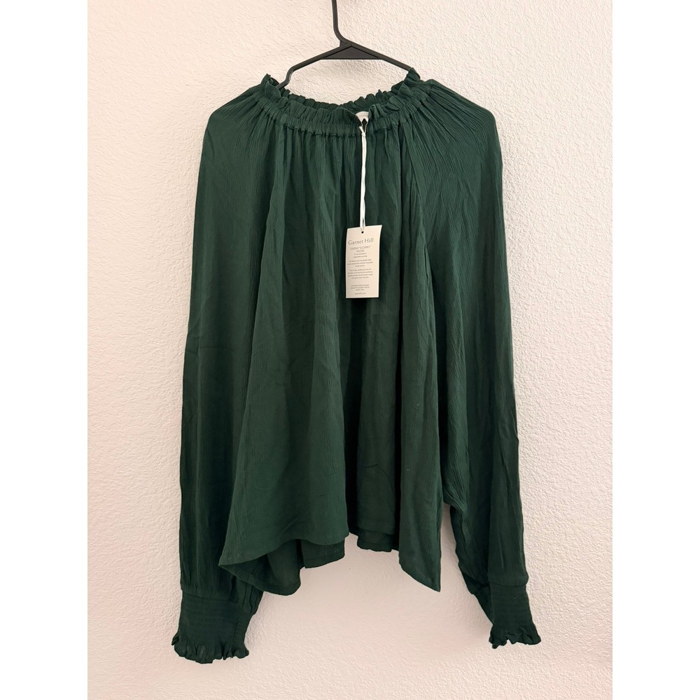 NWT Garnet Hill Forest Green Crinkle Viscose Ruffle Neck Blouse XL Victorian